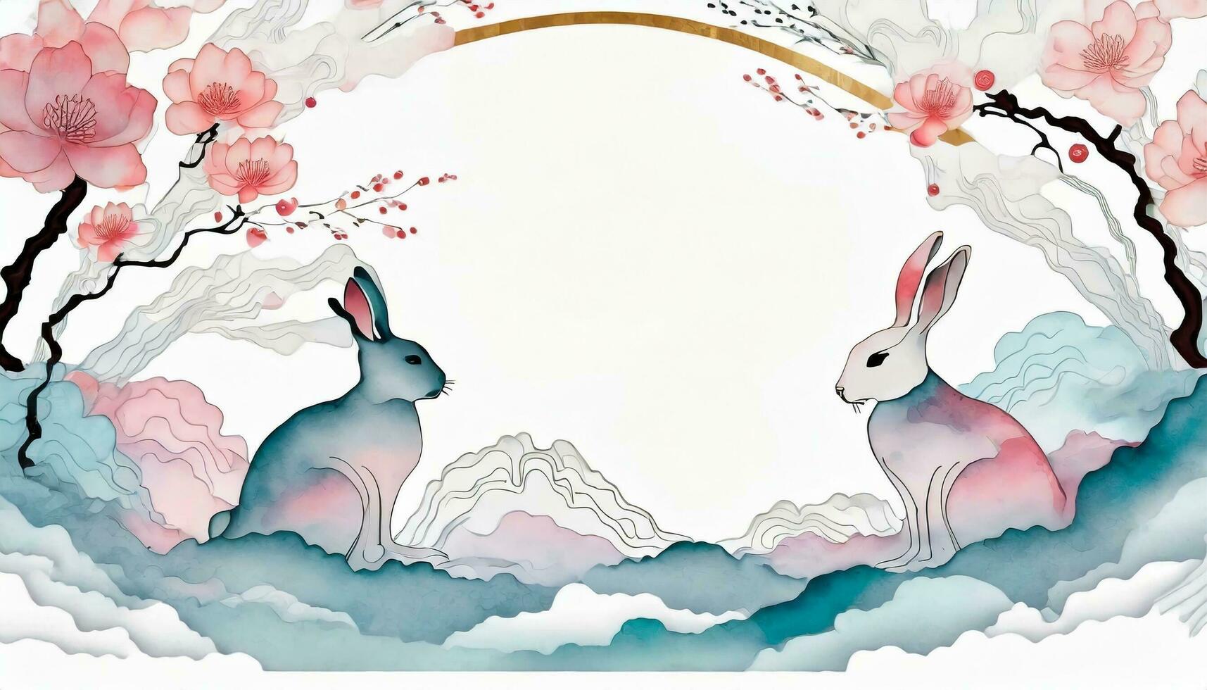 AI generated 2024 Chinese New Year Banner. Year of the Rabbit Template Design with Adornments of Rabbits and Flowers on a Background. photo