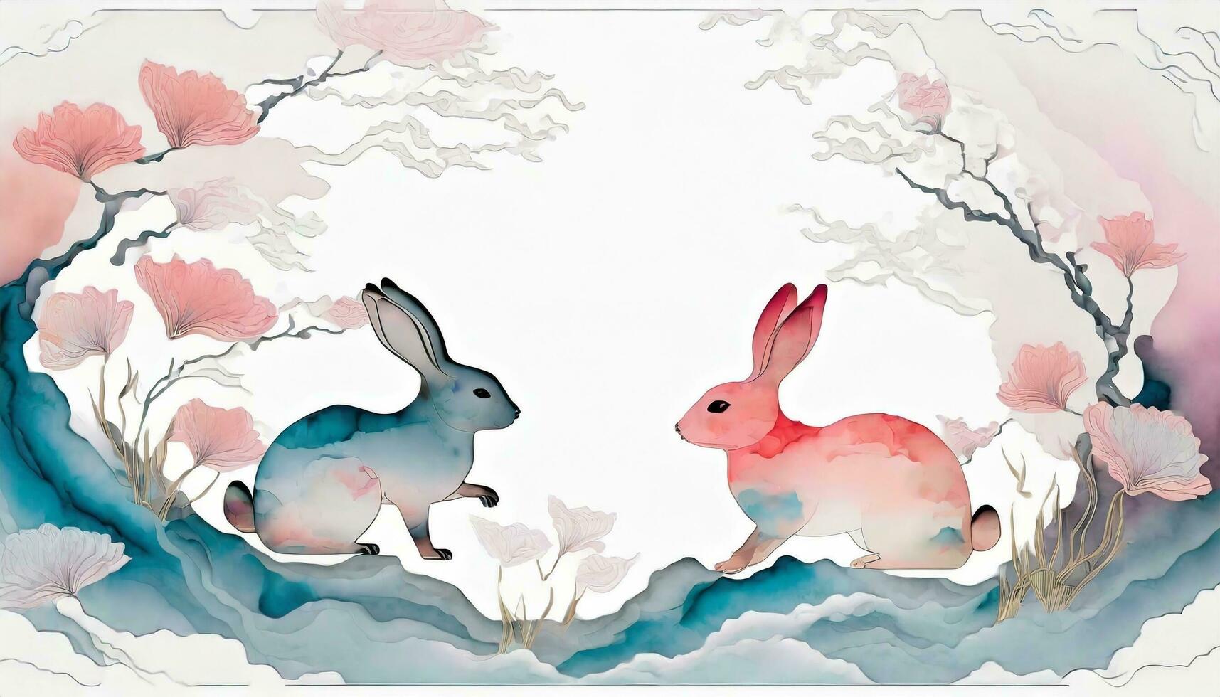 AI generated 2024 Chinese New Year Banner. Year of the Rabbit Template Design with Adornments of Rabbits and Flowers on a Background. photo