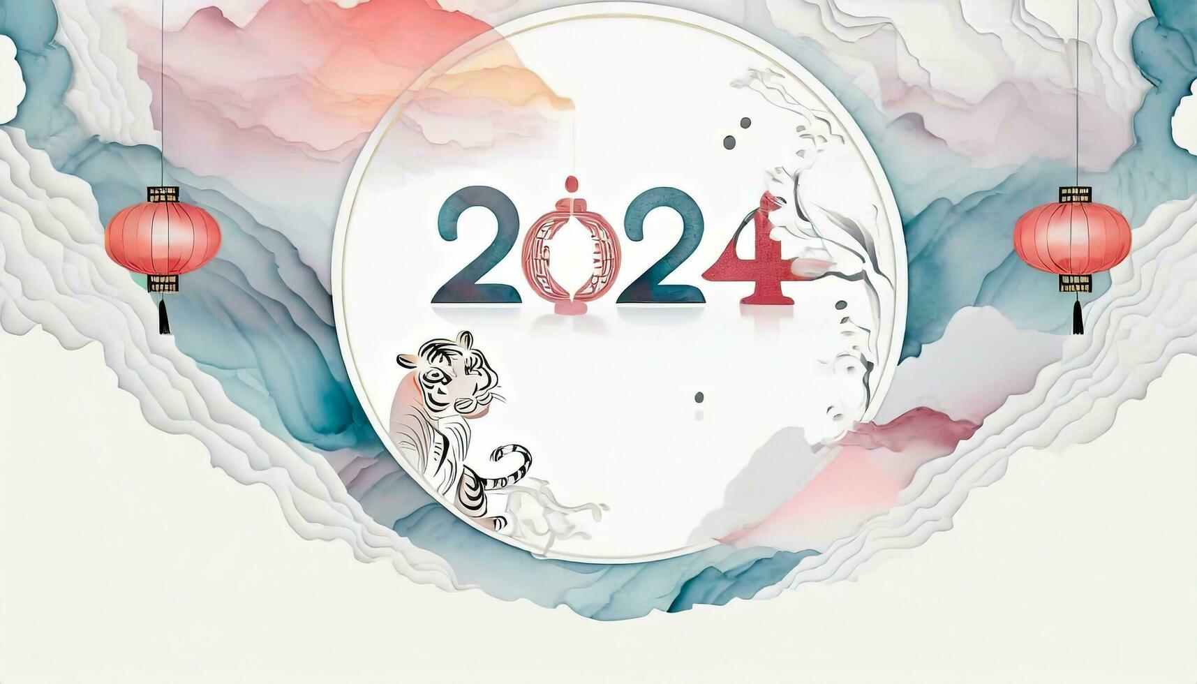 AI generated 2024 Chinese New Year Year of the Tiger - Symbolizing the Chinese Zodiac, Lunar New Year Concept with a Modern Background Design. photo