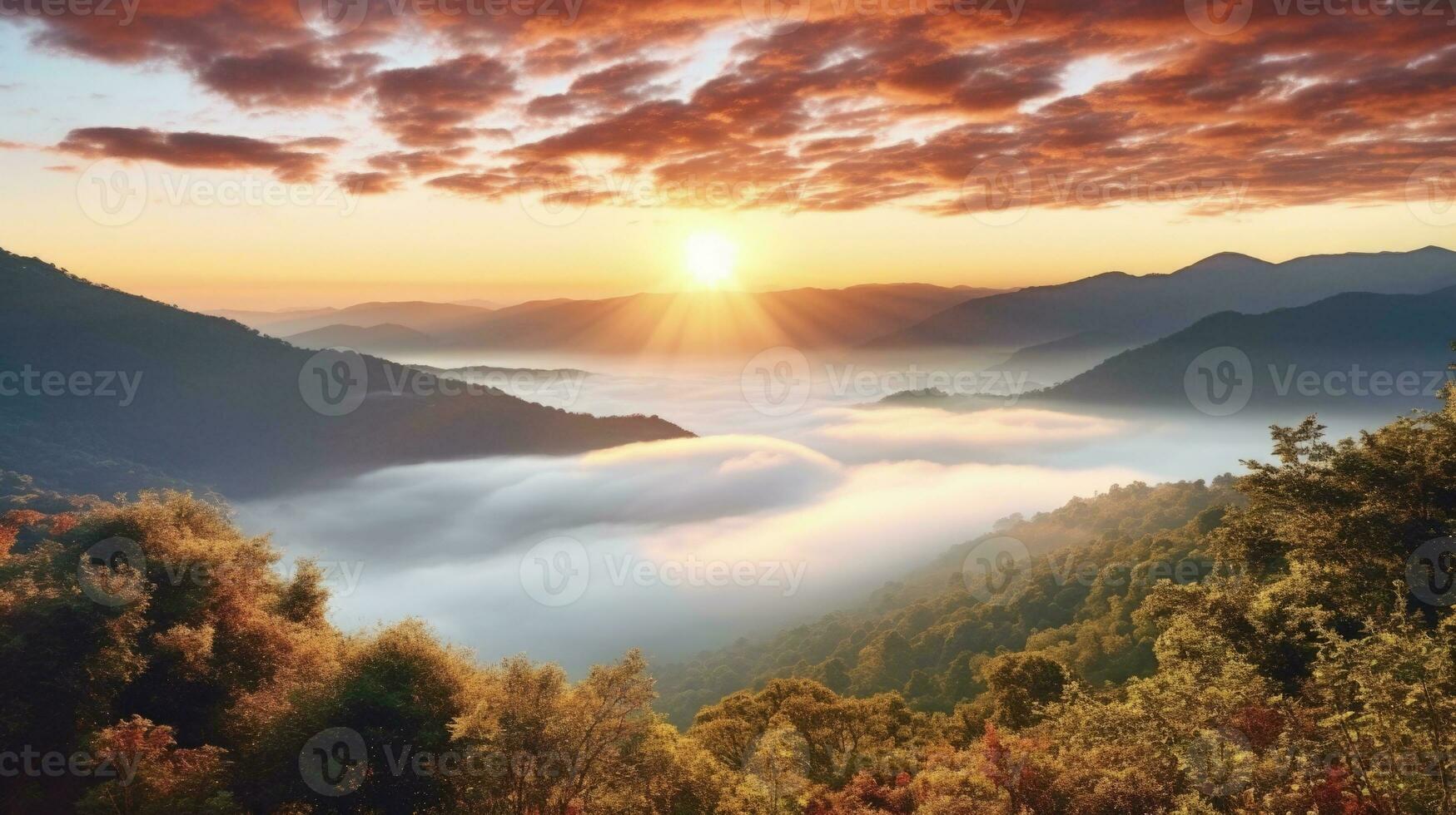 AI generated sunrise in the misty morning HD background wallpaper photo