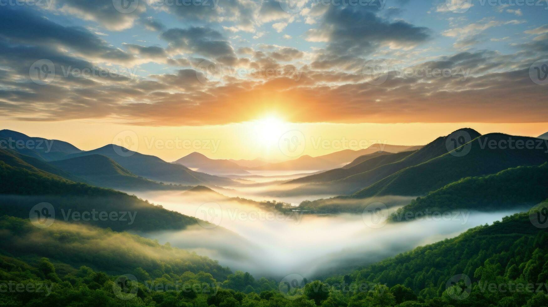 AI generated sunrise in the misty morning HD background wallpaper photo