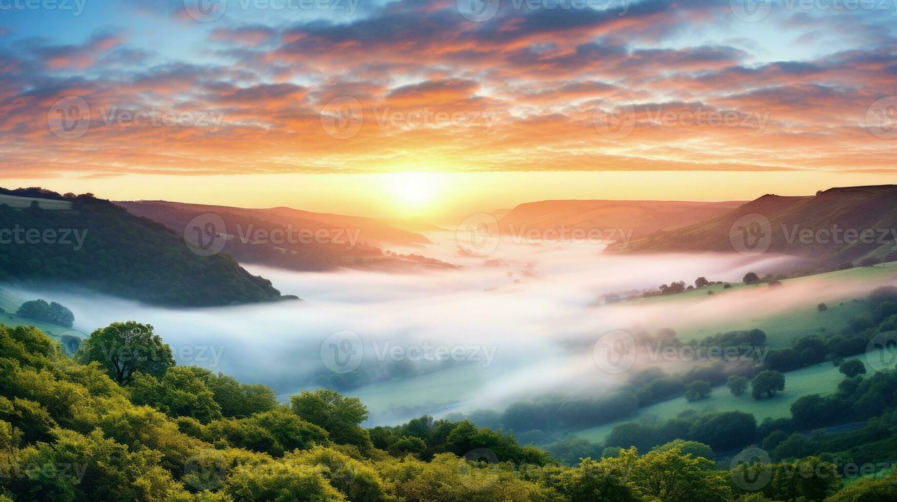 AI generated sunrise in the misty morning HD background wallpaper photo