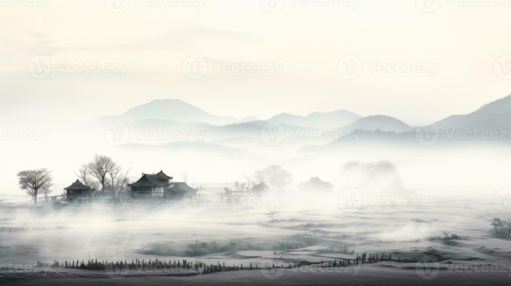 AI generated Chinese village misty morning background wallpaper photo