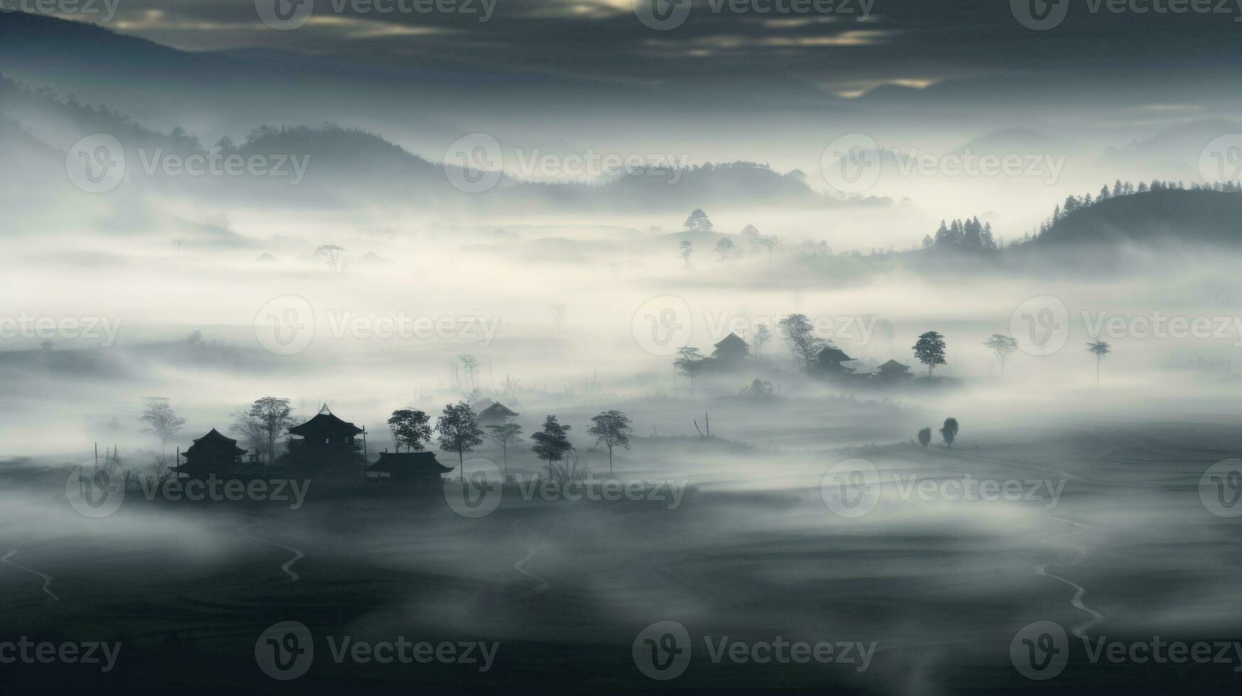 AI generated Chinese village misty morning background wallpaper photo