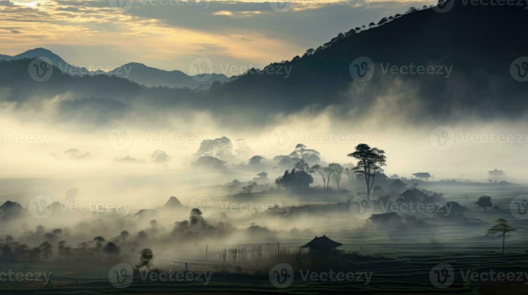 AI generated Chinese village misty morning background wallpaper photo