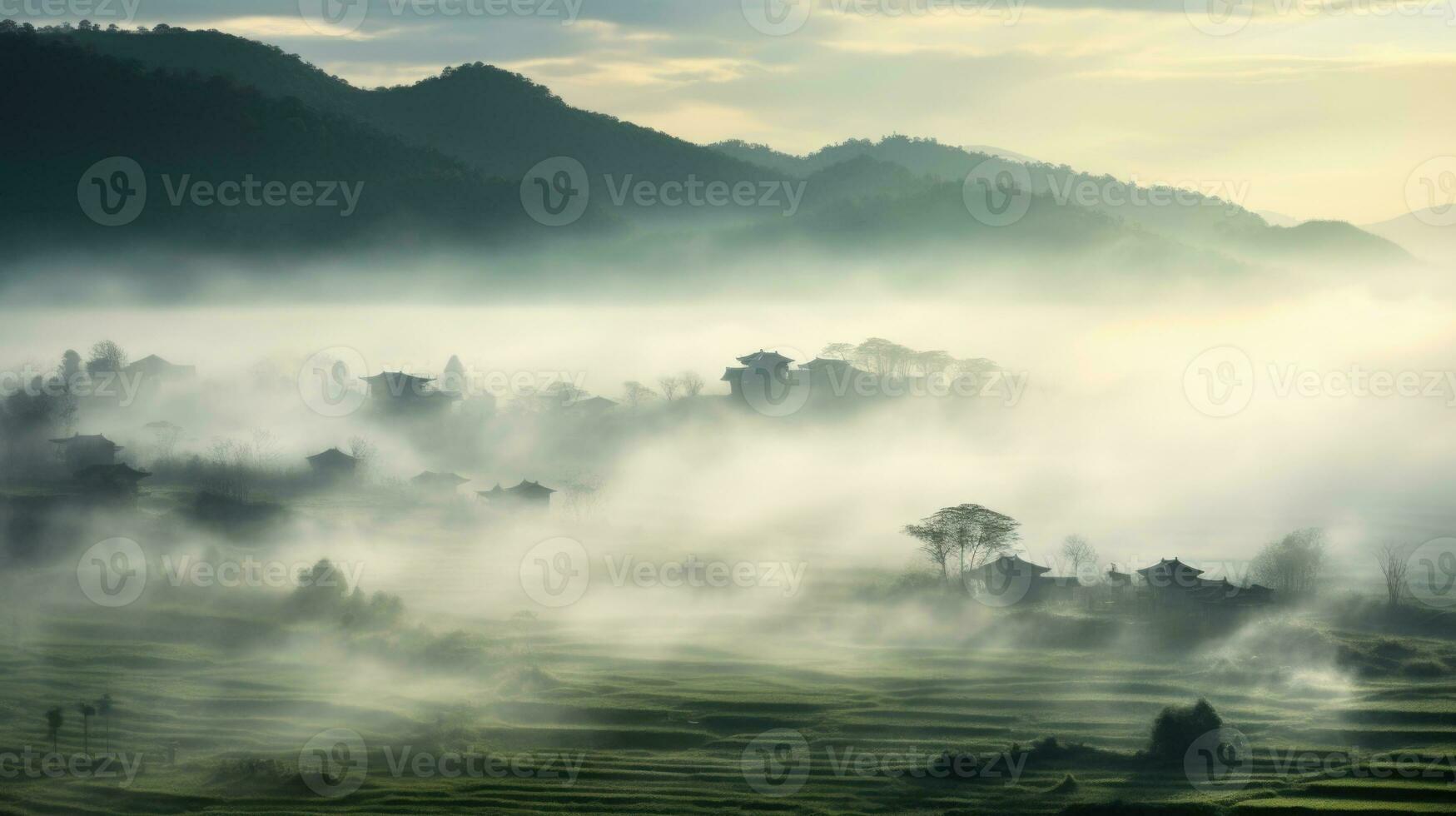 AI generated Chinese village misty morning background wallpaper photo