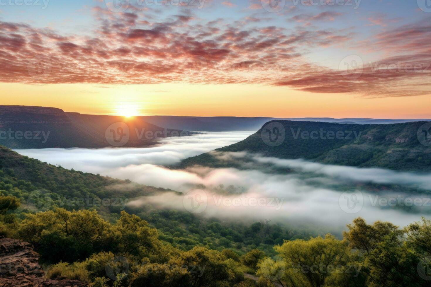 AI generated sunrise in the misty morning HD background wallpaper photo