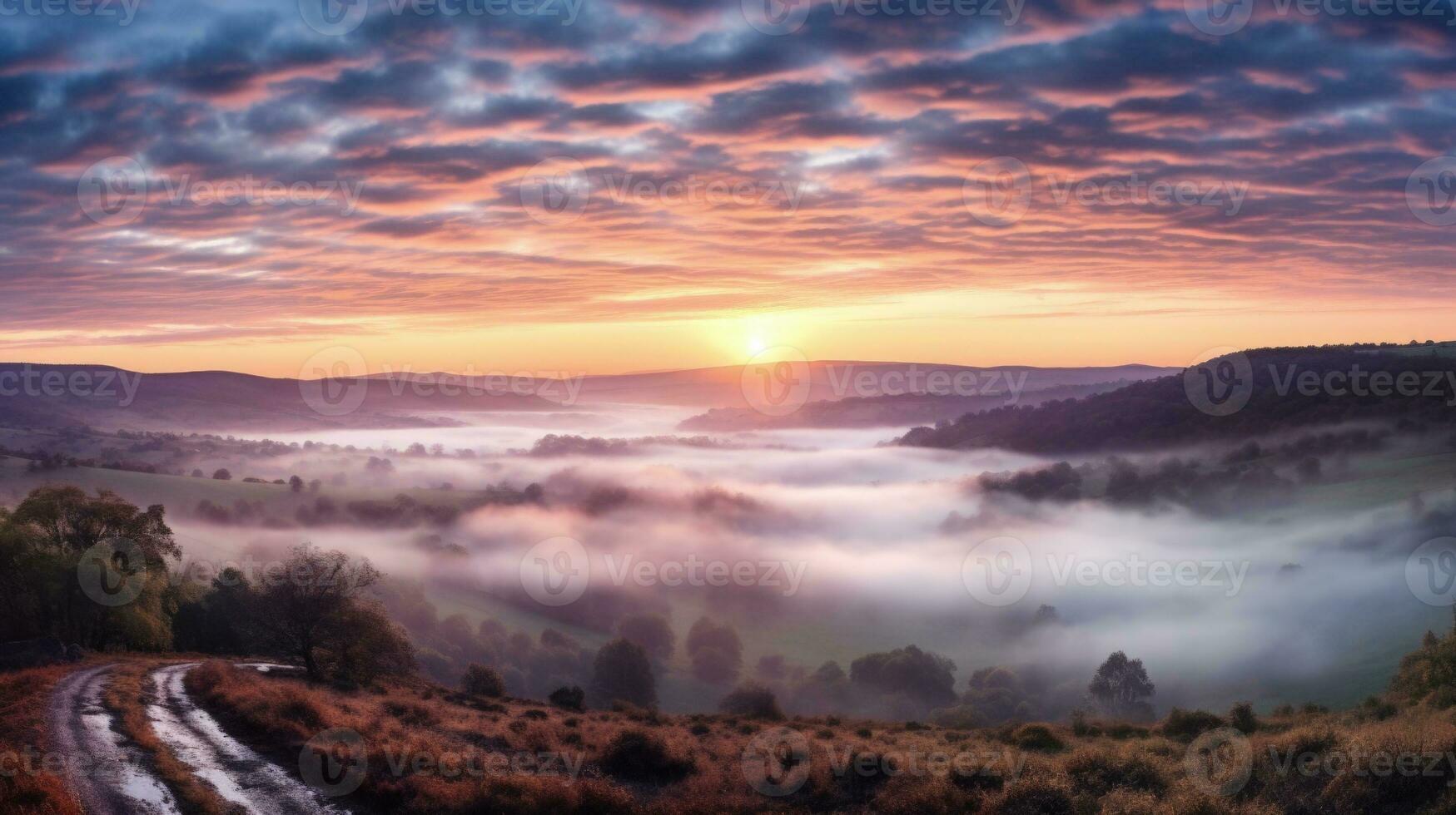 AI generated sunrise in the misty morning HD background wallpaper photo