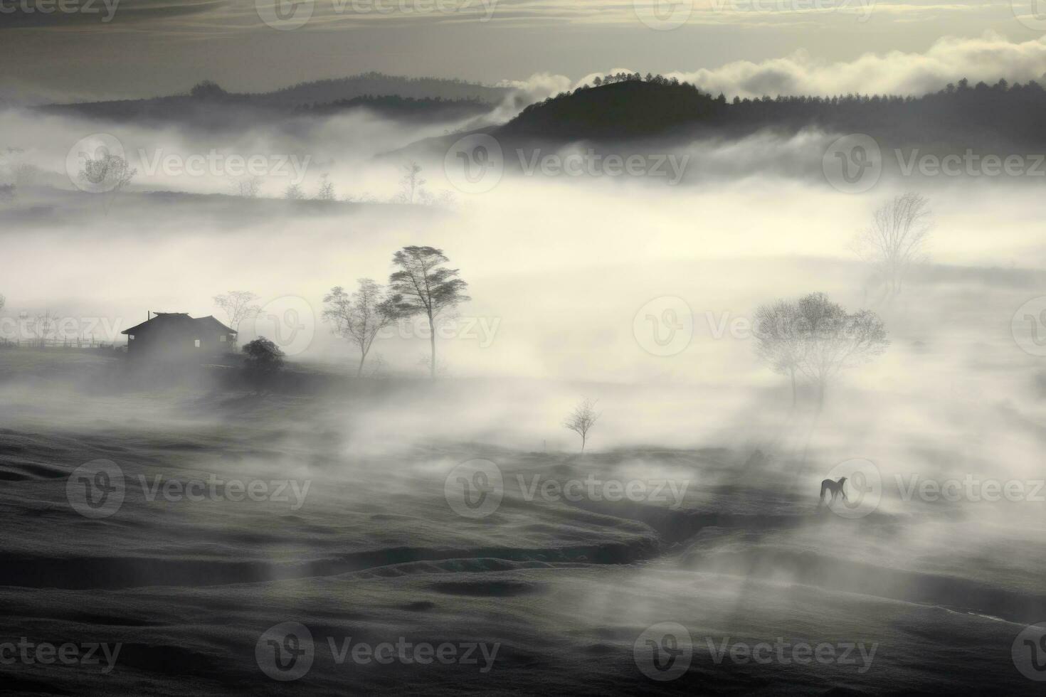 AI generated Chinese village misty morning background wallpaper photo