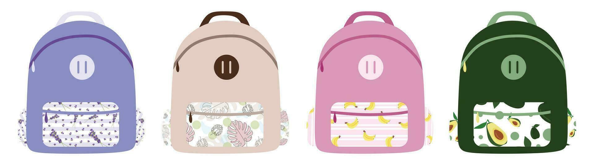 Street backpacks set. School backpack with Printed pocket. Flat style or cartoon Collection of Travel bags isolated on white background. Vector illustration for Card and Logo Design. Front view.