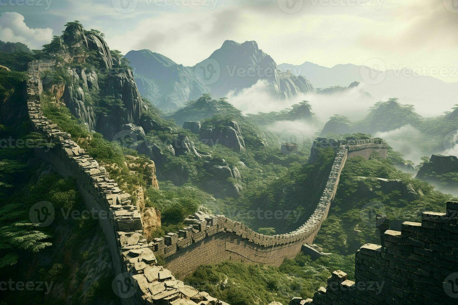 AI generated The Great Wall of China snaking through rugged photo