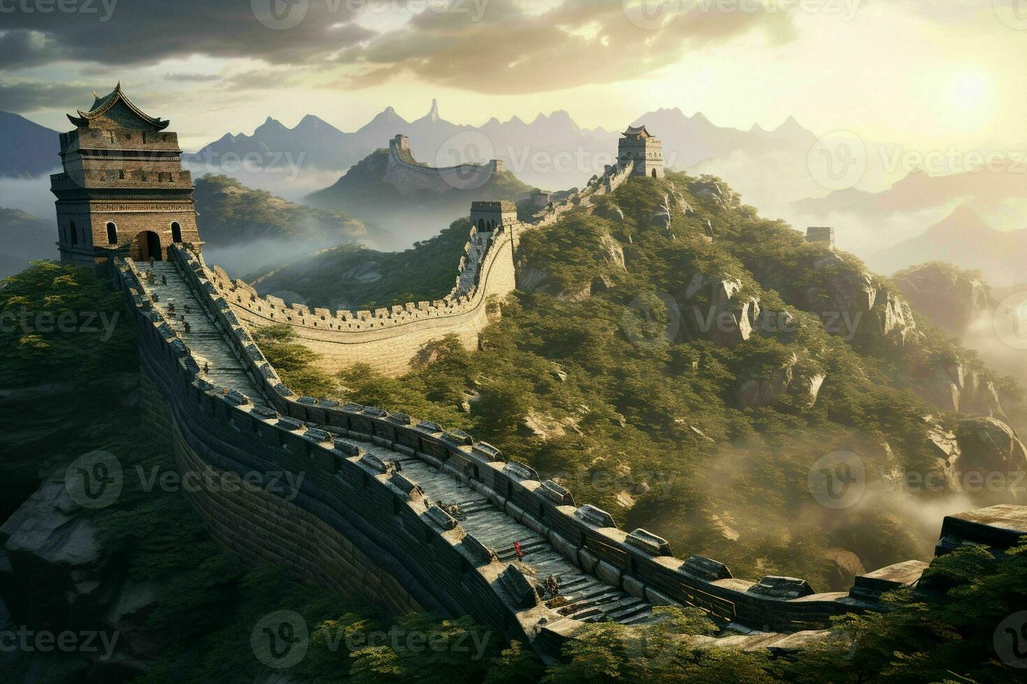 AI generated The Great Wall of China snaking through rugged photo