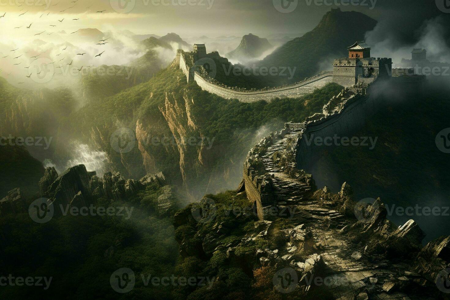 AI generated The Great Wall of China snaking through rugged photo