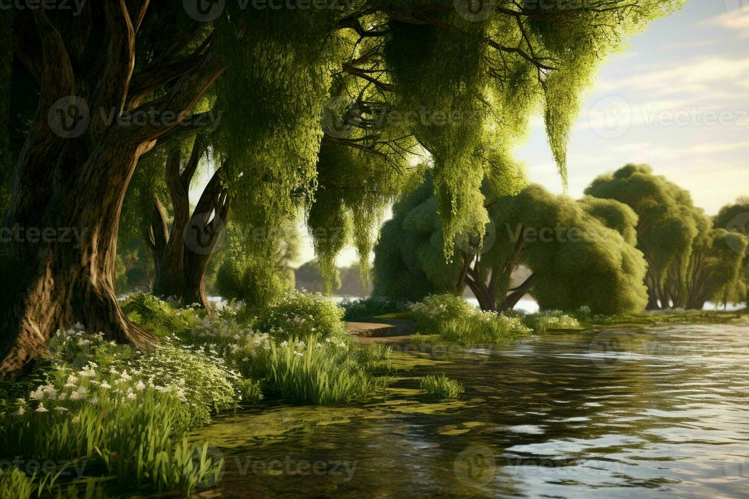 AI generated A tranquil riverbank adorned with weeping willow photo