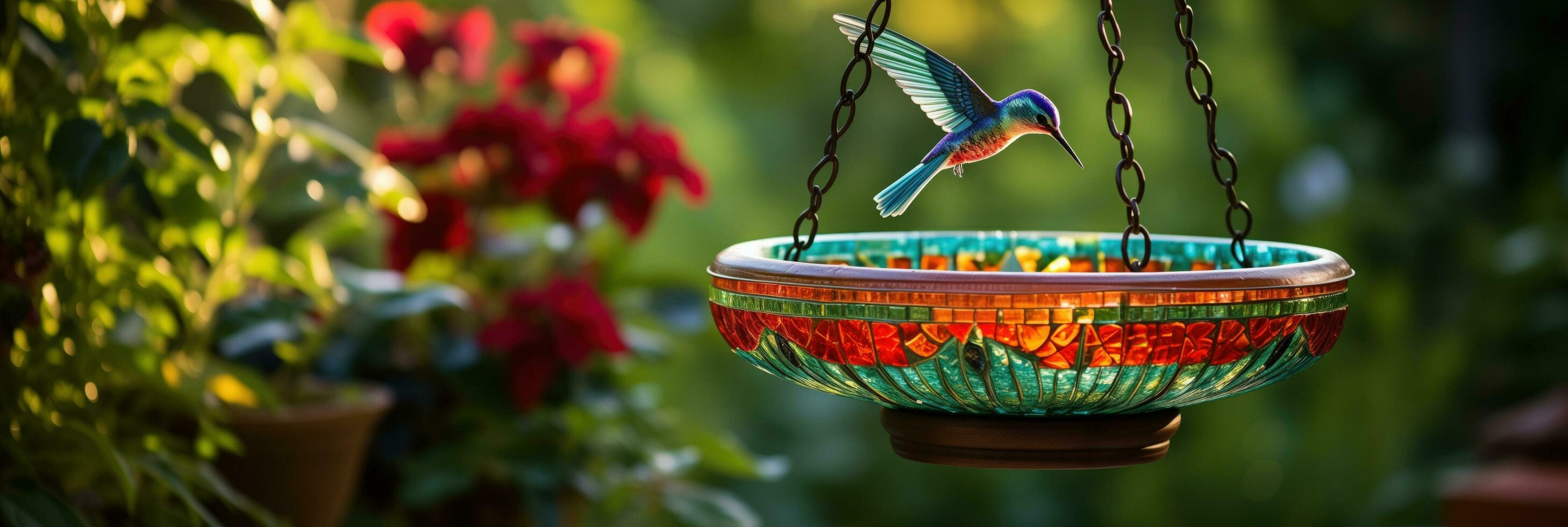 AI generated Serene Garden Hummingbird Enjoys Mosaic Feeder photo