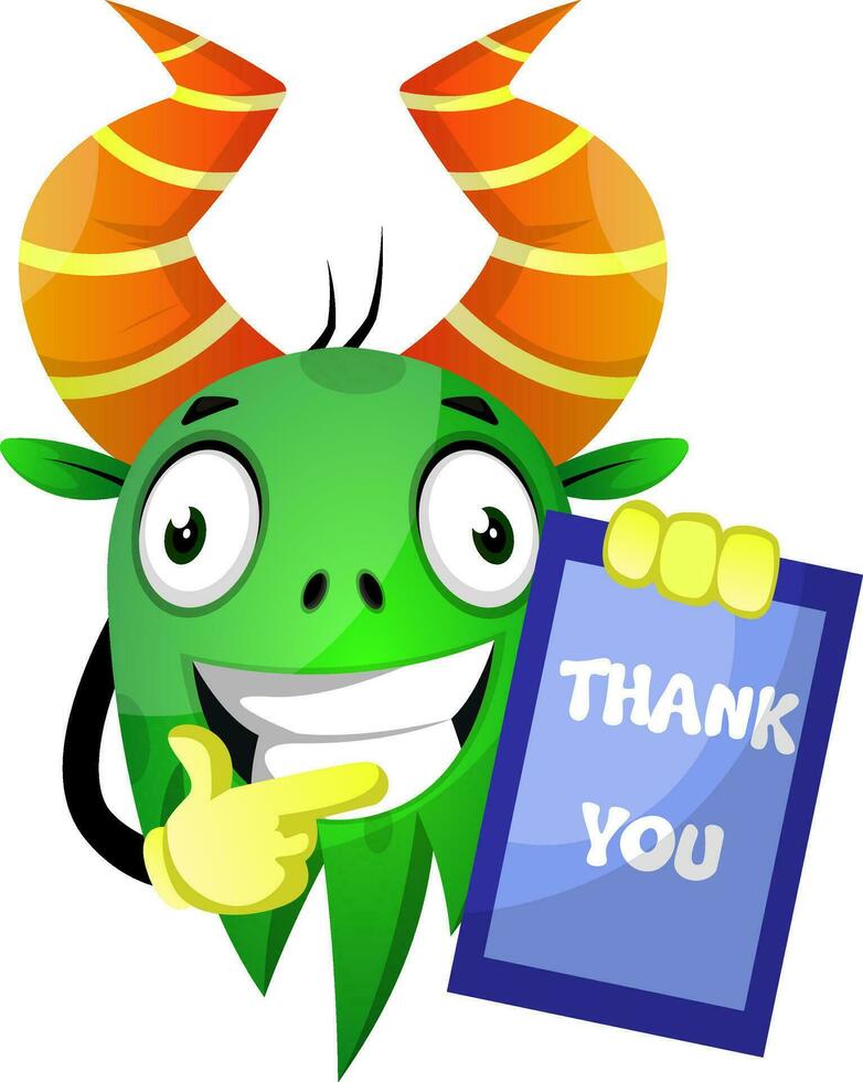 Green monster with thank you sign vector