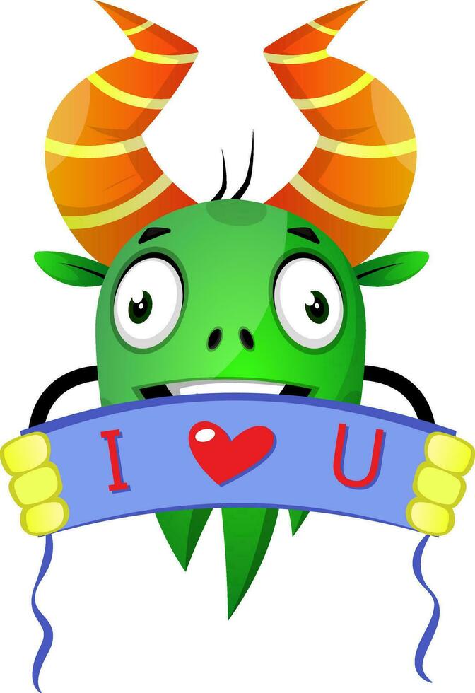 Green monster with I love you banner vector