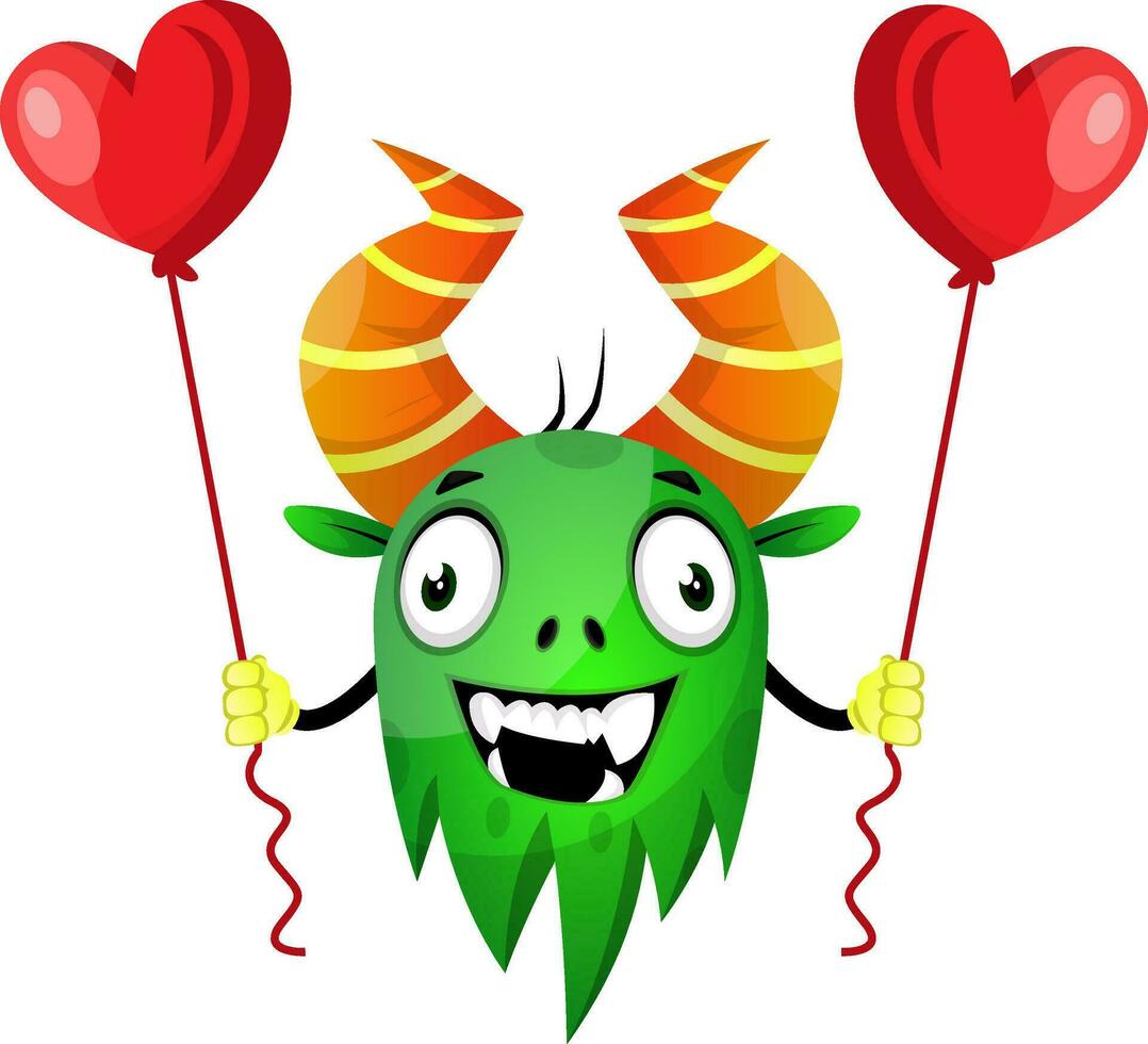 Green monster with heart balloons vector