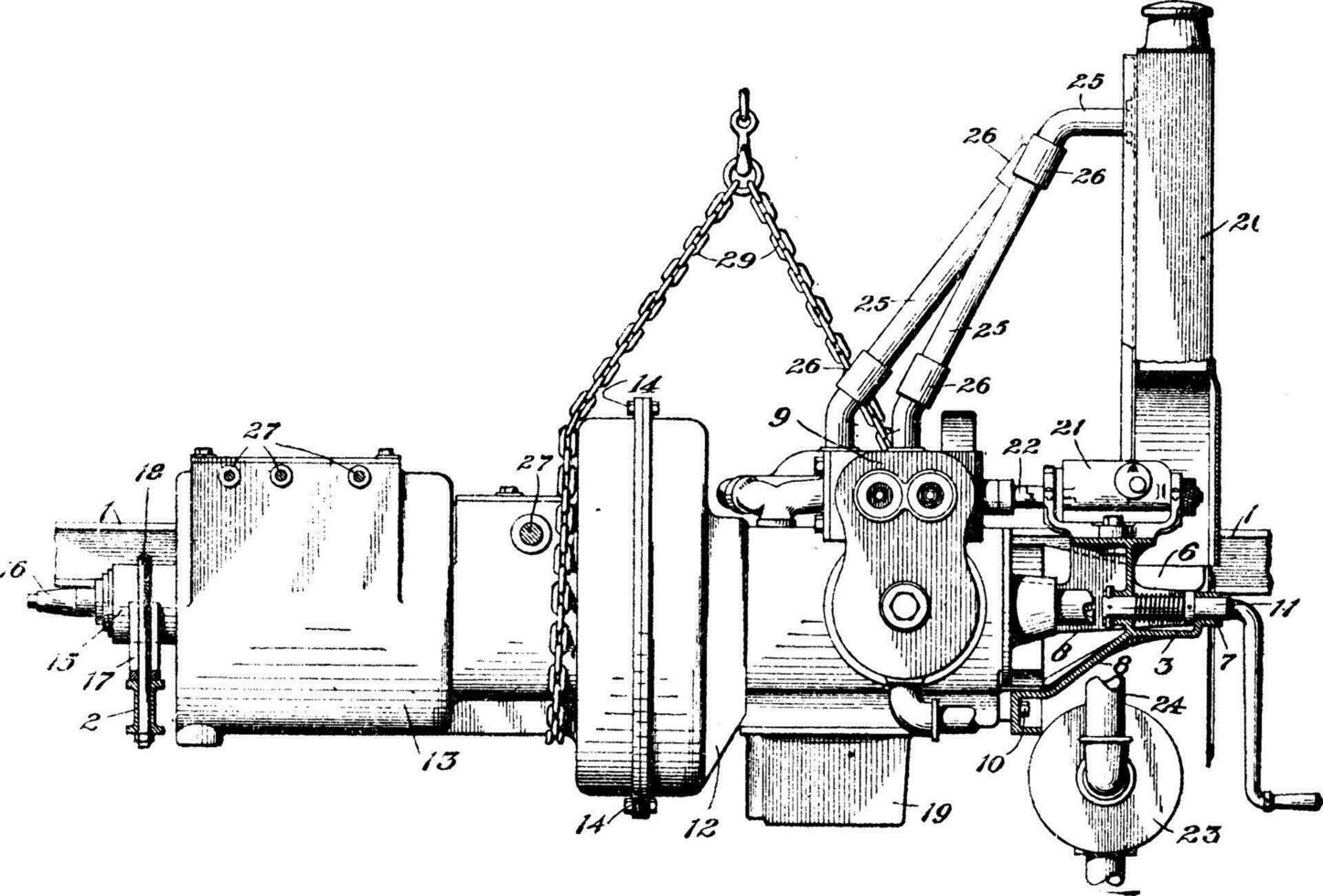 Motor Vehicle Engine, vintage illustration. vector