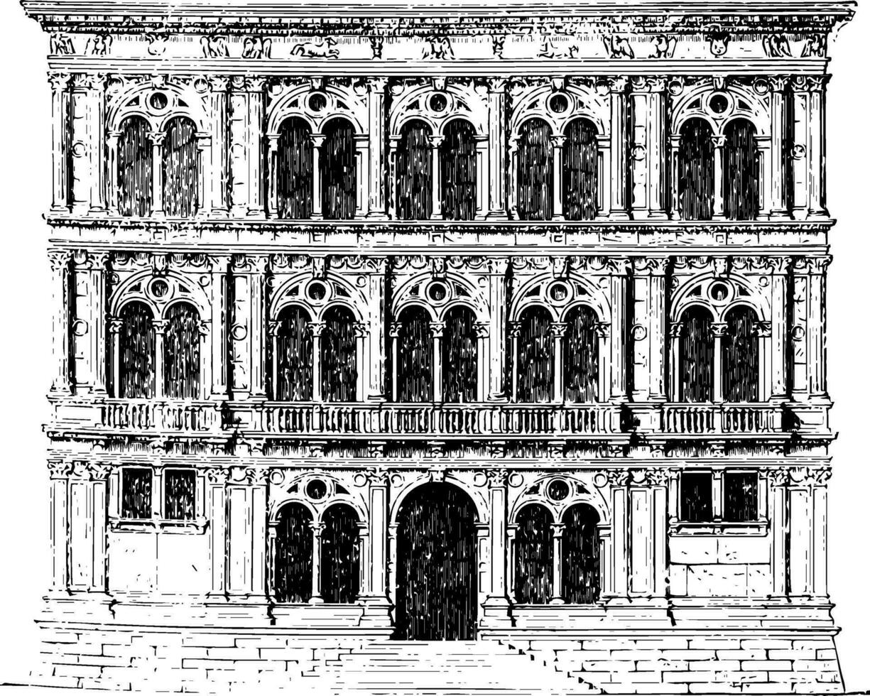 Vendramin Palace at Venice freedom of intervention vintage engraving. vector