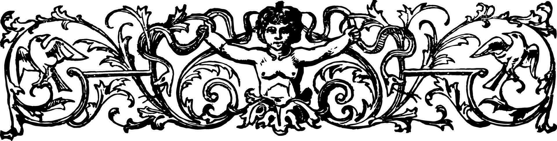 Banner are decorated with a cherub and birds in this picture, vintage engraving. vector