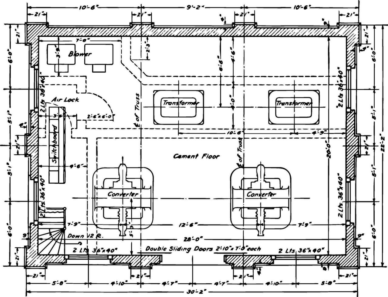 Substation Floor Residence Plan is showing the engineering structure vintage engraving. vector