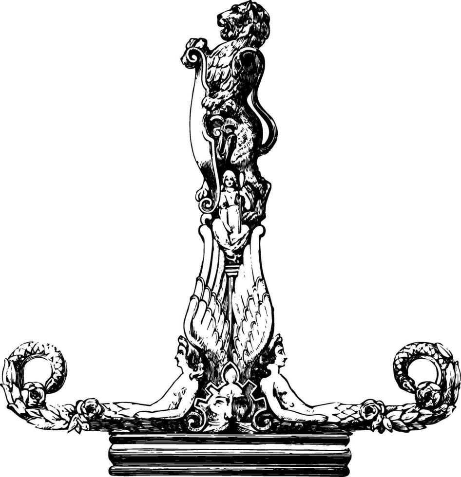 Sculpture have a small figure in the center and a lion holding a shield on the very top, vintage engraving. vector