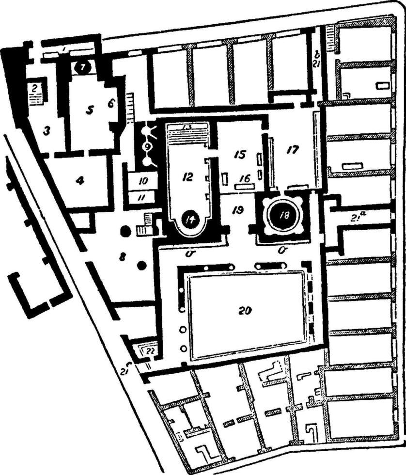 Baths of Pompeii, The ground plan of the baths, vintage engraving. vector