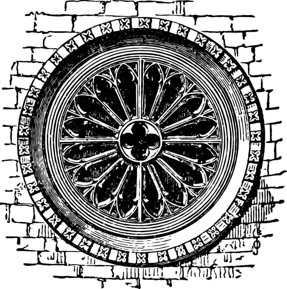 Rose Brickwork Window, cavernous spaces,  vintage engraving. vector