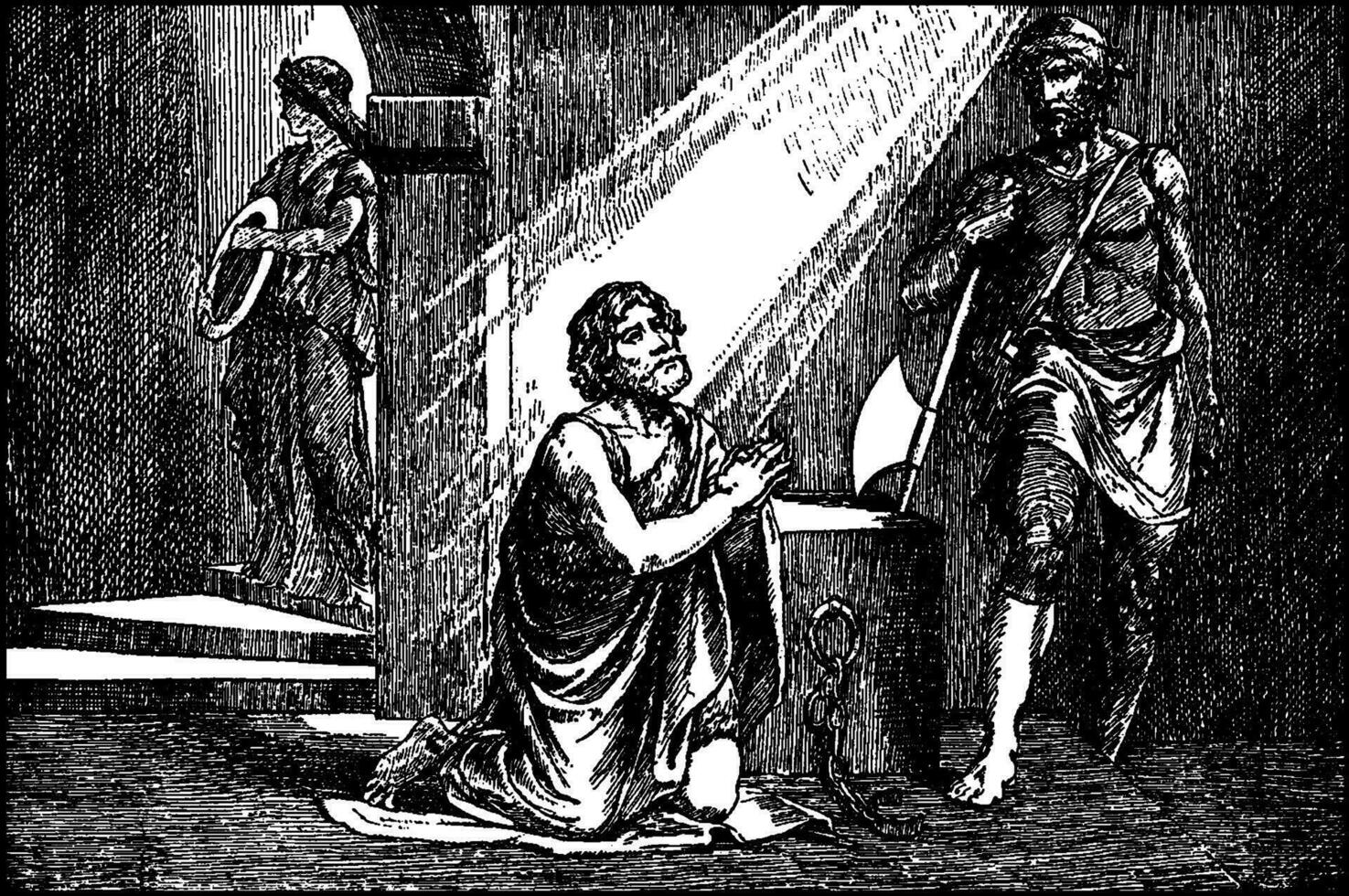 Juan el bautista reza en prisión sólo antes de su decapitación Clásico ilustración. vector
