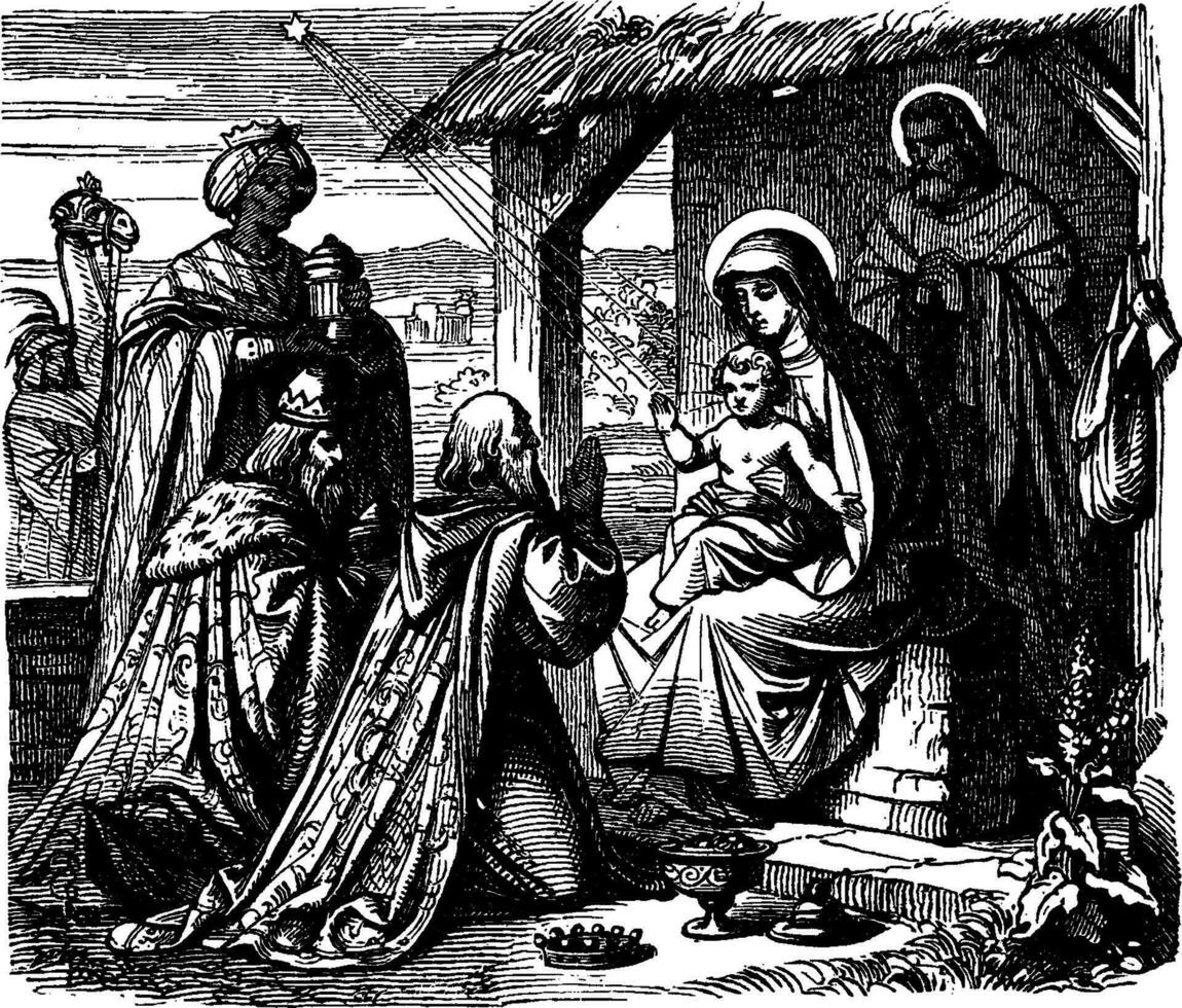 Adoration of the Magi - The Wise Men Present Gifts to Jesus vintage illustration. vector