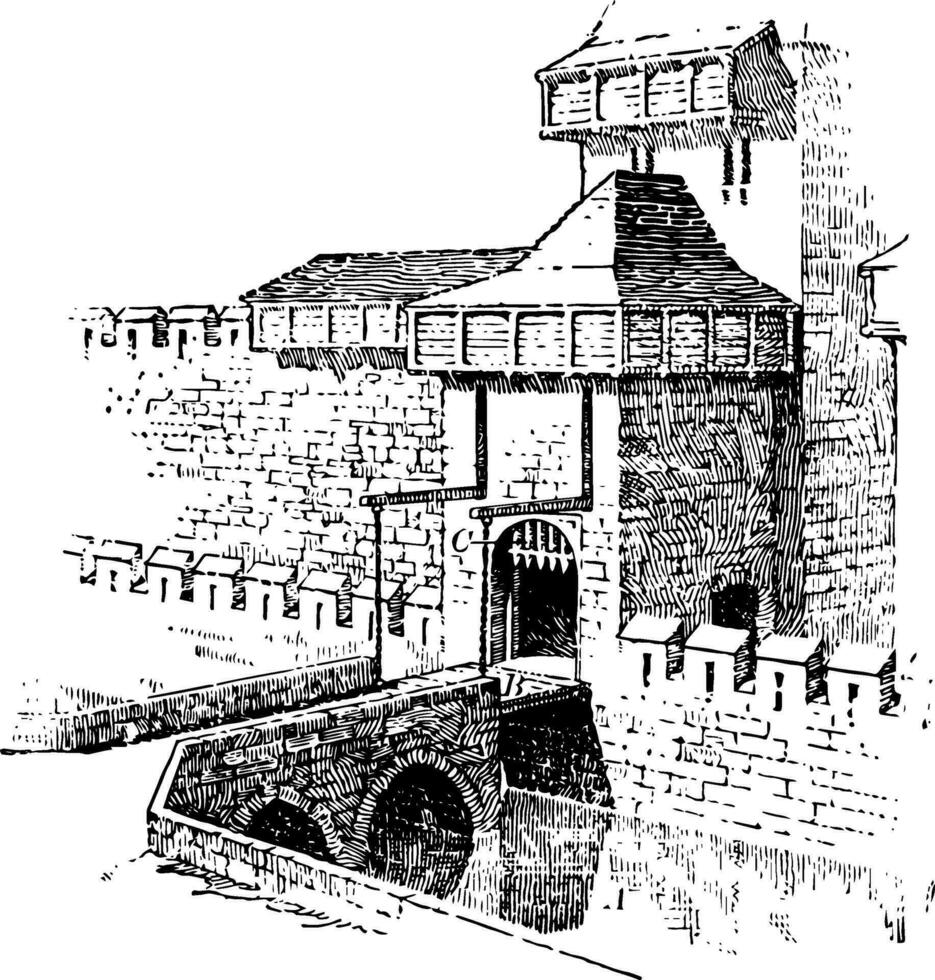 Fortified Gate, parts,  vintage engraving. vector