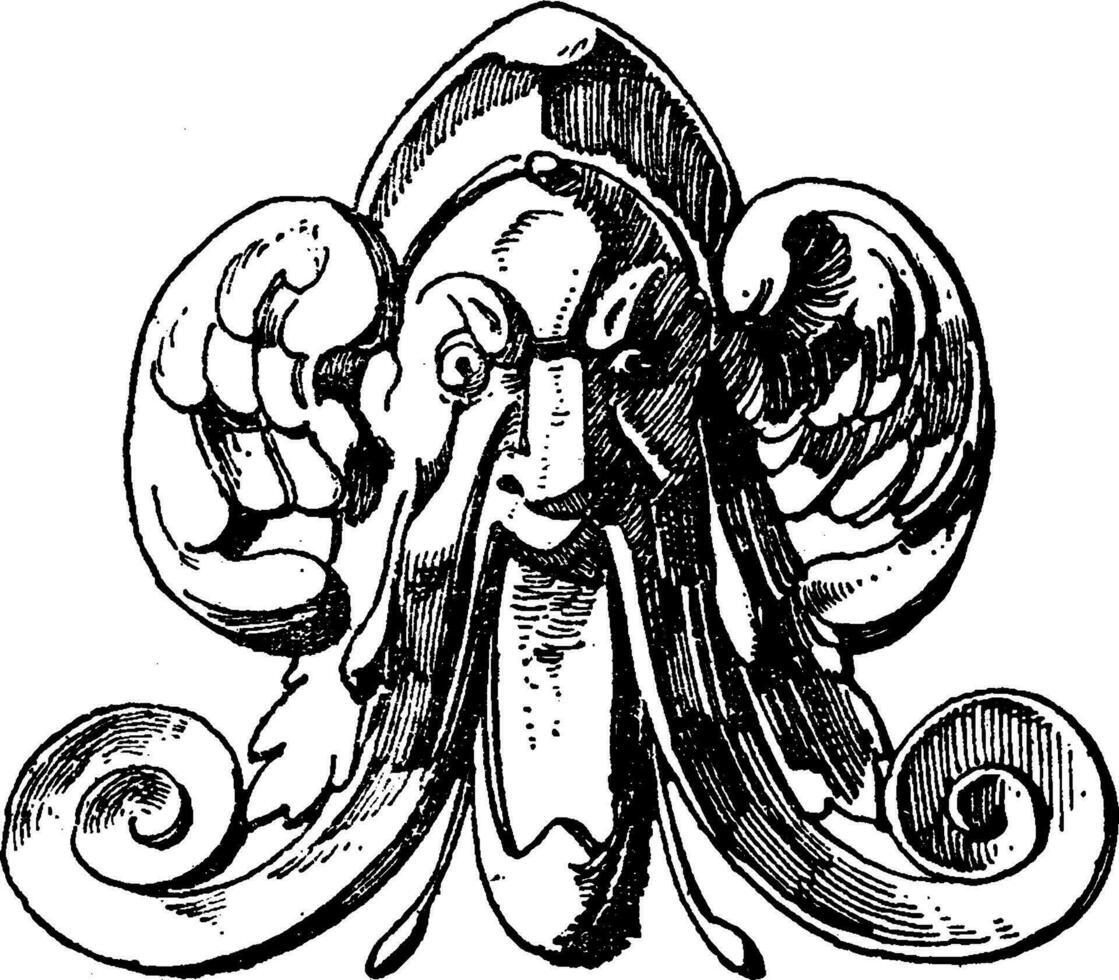 con alas grotesco máscara diseño viene desde el canalón de un lata durante el alemán Renacimiento, Clásico grabado. vector
