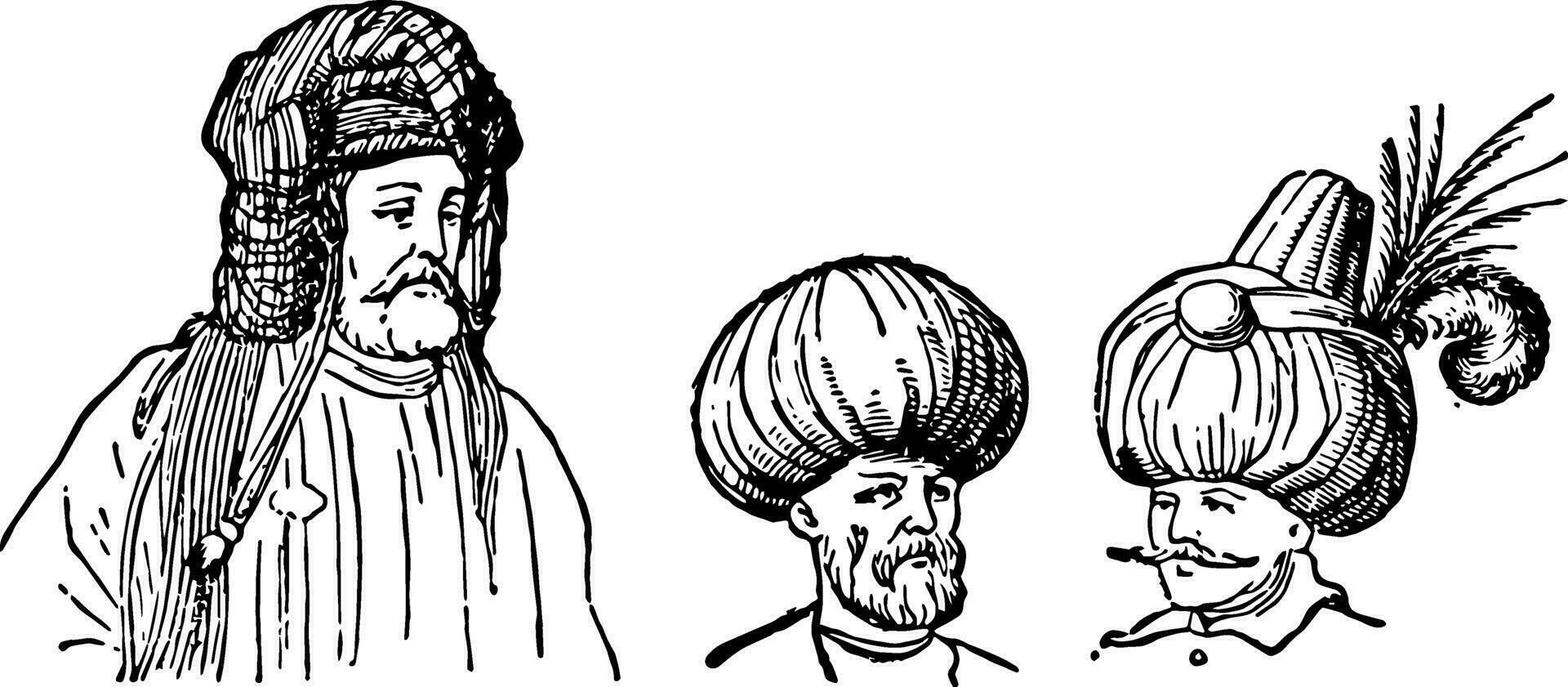 the different kinds of turbans, vintage engraving. vector