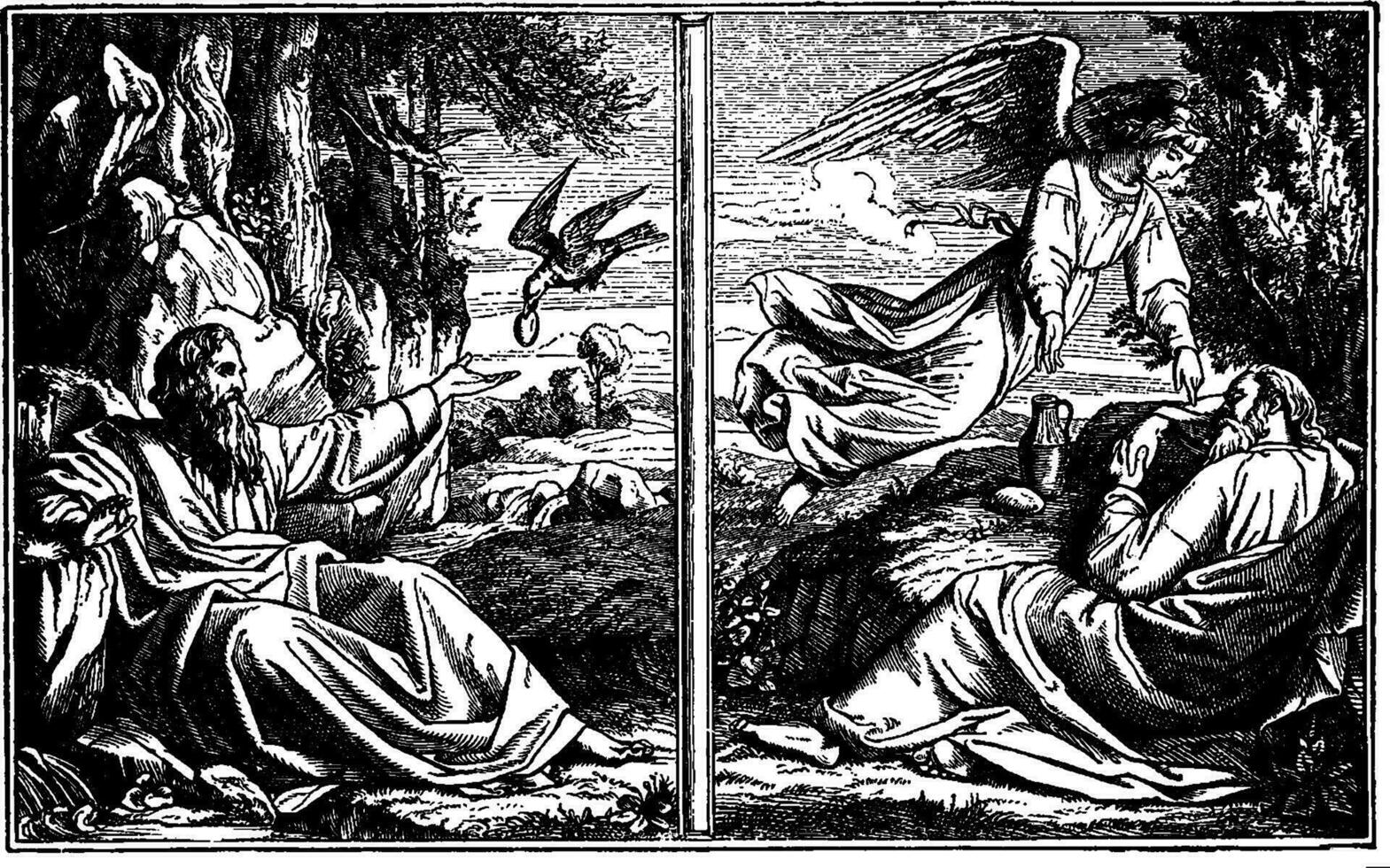 Elijah se esconde desde ahab y es alimentado por ángeles y cuervos Clásico ilustración. vector