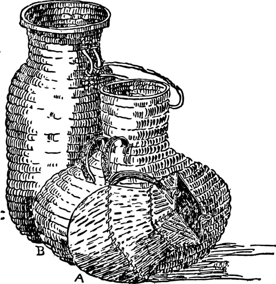 nativo americano cestas, iroquois buque de corteza de abedul, Clásico grabado. vector