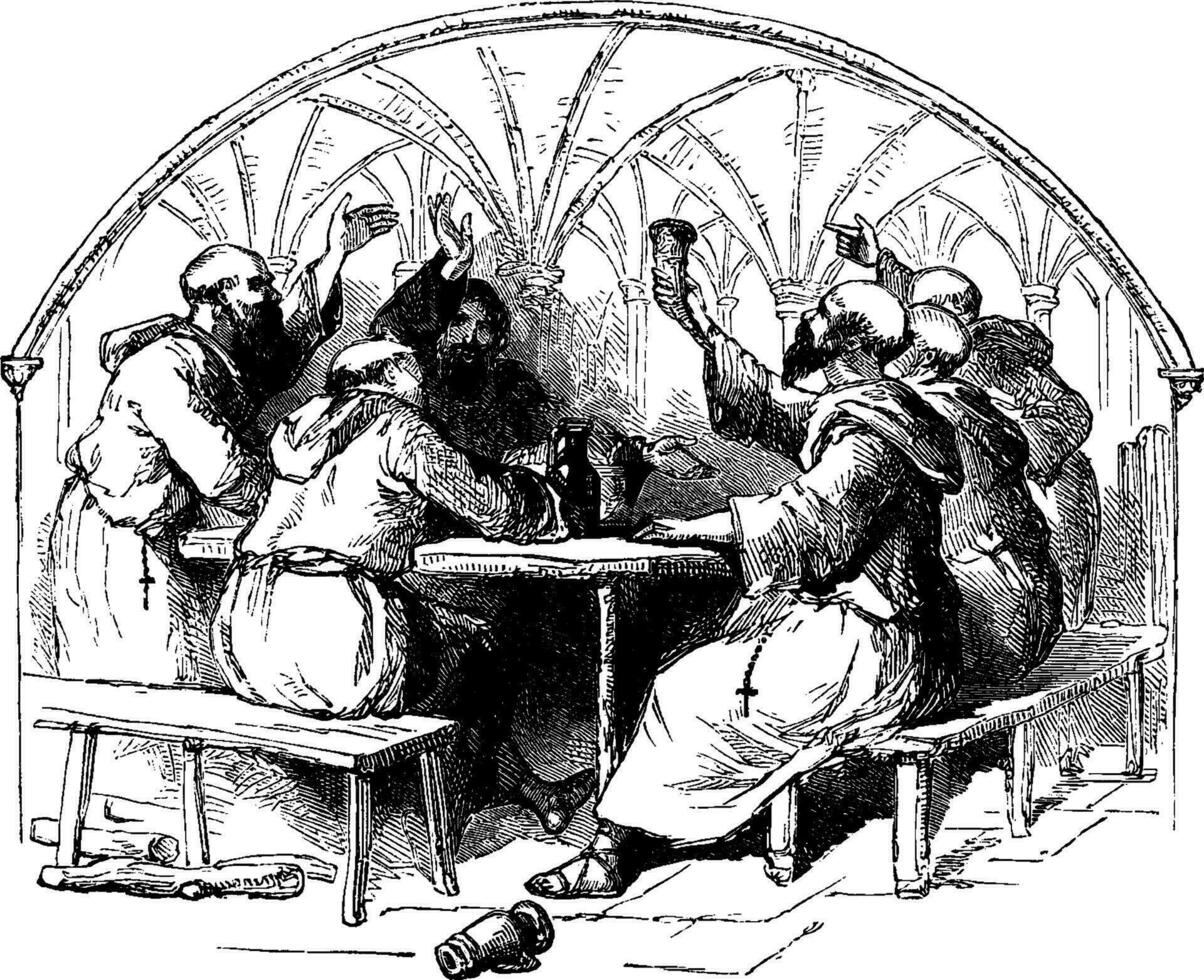 Monks at a Table vintage illustration. vector