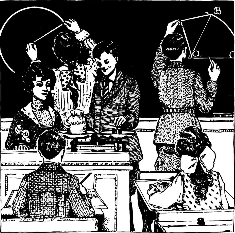 Geometry shapes on the chalkboard or classrom,  vintage engraving. vector