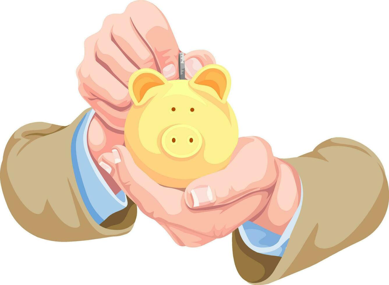 Vector of hands inserting coin in piggy bank.