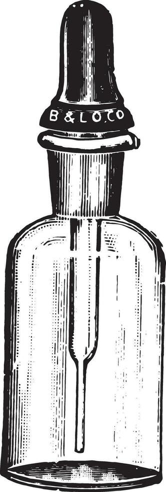 Dropping bottle with Barnes dropper, which closes the mouth of the bottle like a rubber stopper, vintage engraving. vector