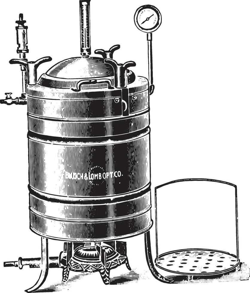 Autoclave or digestor used for sterilizing by steam under pressure, vintage engraving. vector