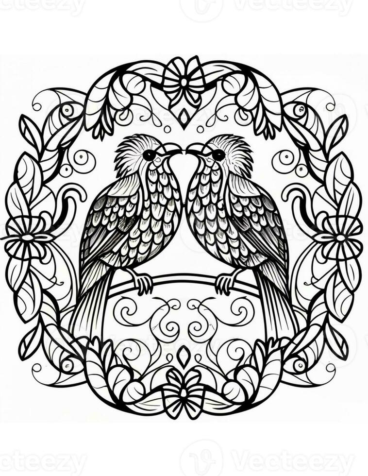 AI generated mandala coloring page with two birds in love photo