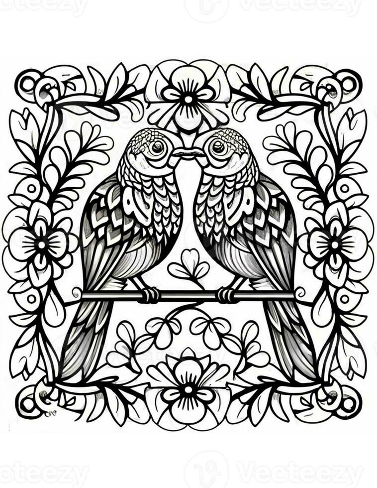 AI generated mandala coloring page with two birds in love photo