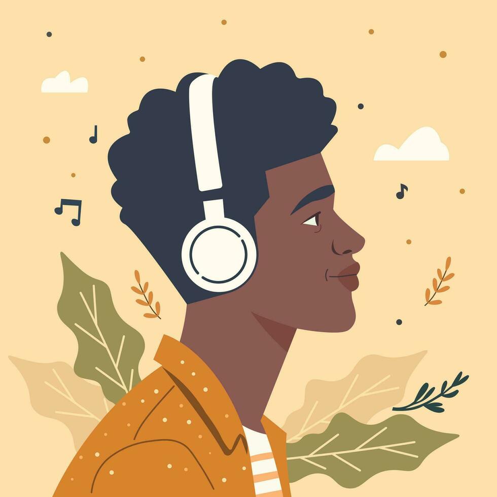 negro hombre con auriculares. chico perfil avatar. africano hombre escucha a música en auriculares. vector ilustración.