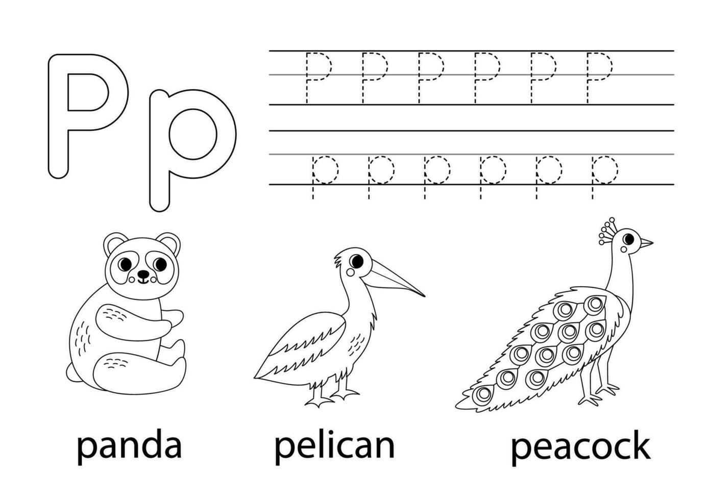 Trace uppercase and lowercase letter P. Animal alphabet for kids. vector