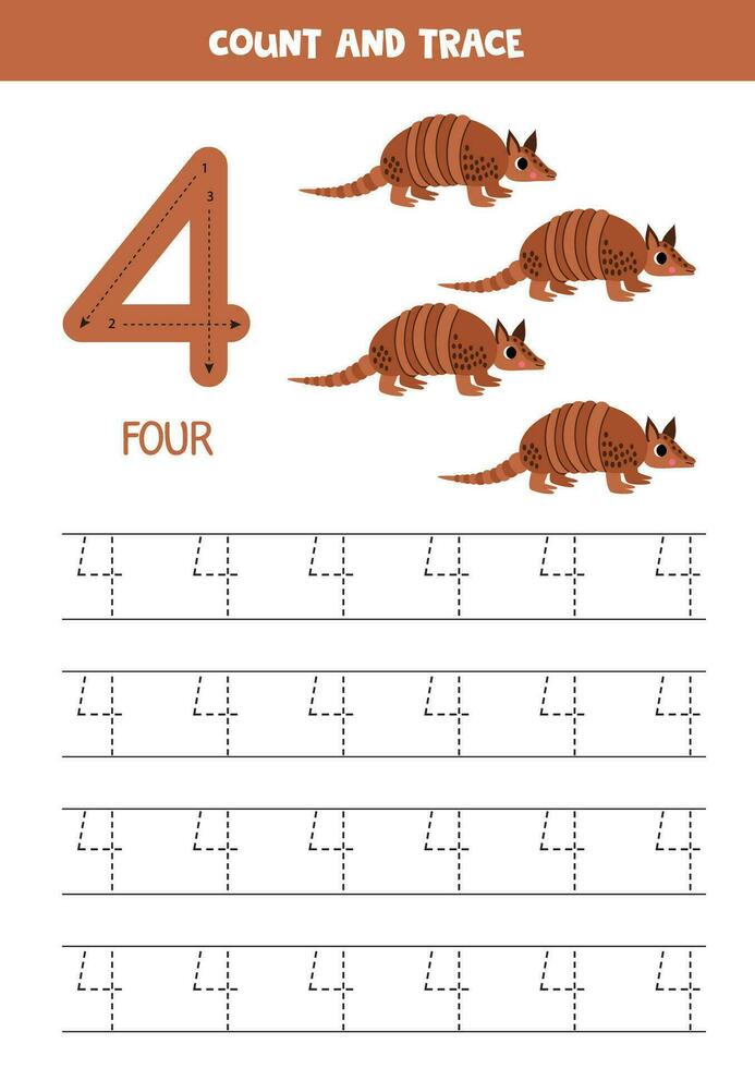 Numbers tracing practice. Writing number four. Cute cartoon armadillos. vector