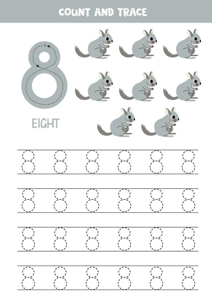 Numbers tracing practice. Writing number eight. Cute cartoon chinchillas. vector