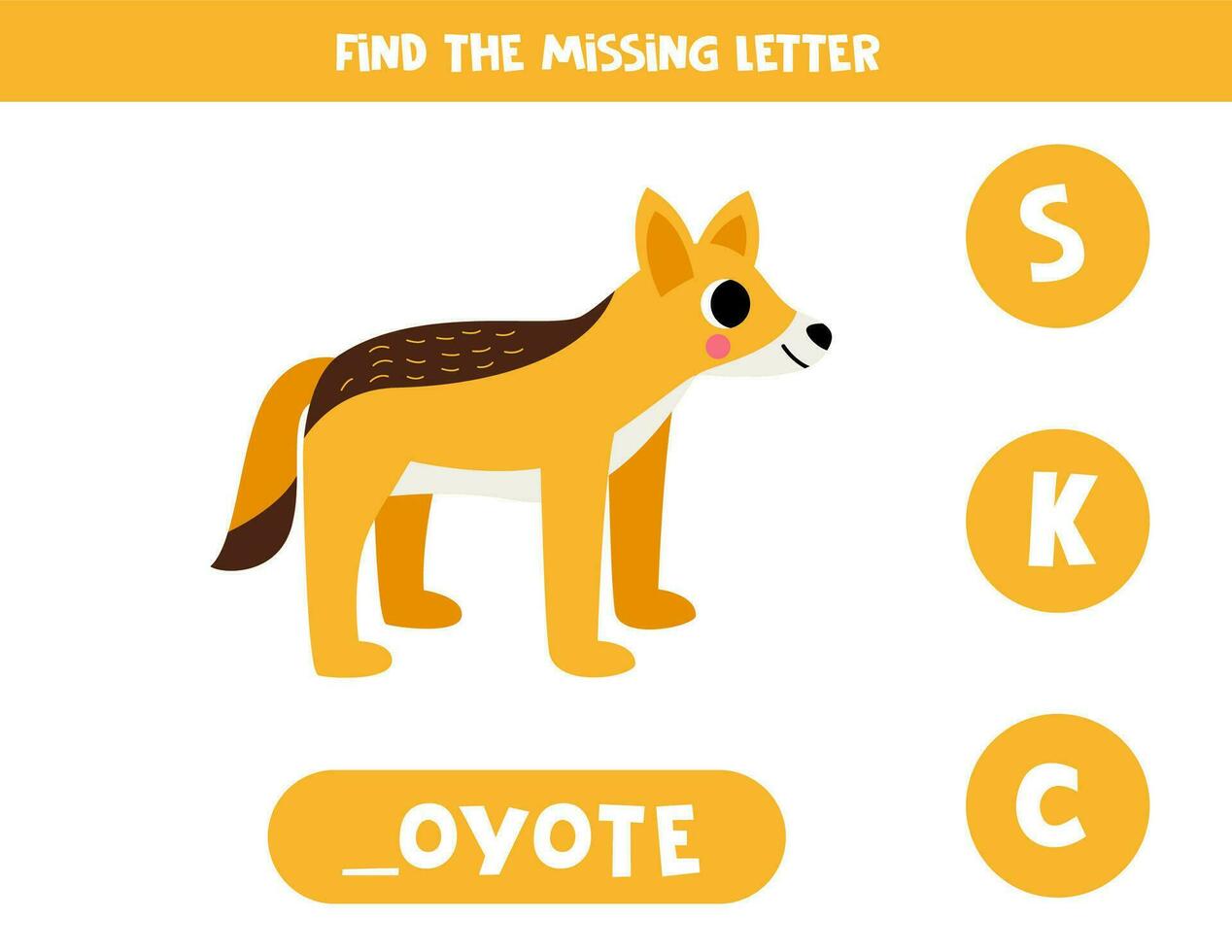 Find missing letter with cartoon coyote. Spelling worksheet. vector