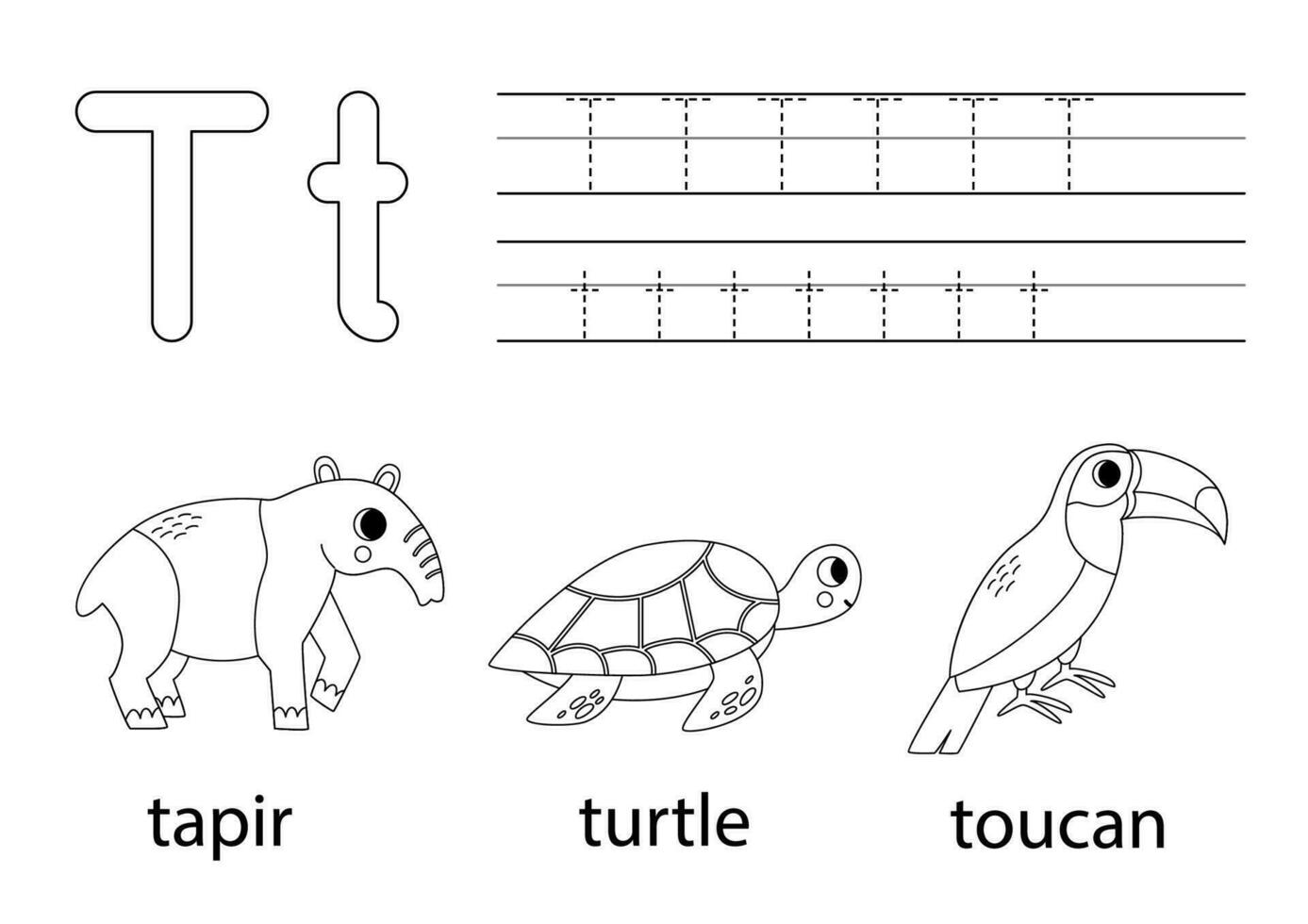 Trace uppercase and lowercase letter T. Animal alphabet for kids. vector