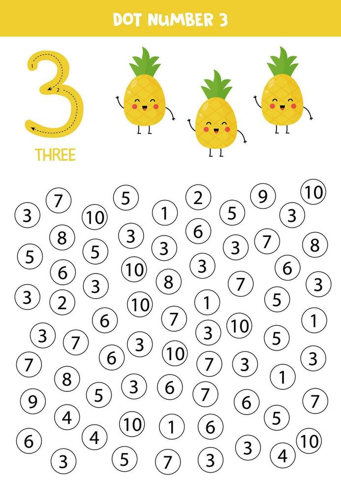 Find and dot number three. Learning number 3 with cute pineapples. Educational worksheet. vector